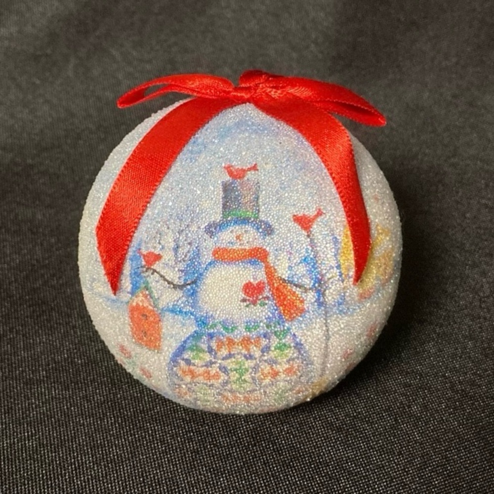 ⭐️ Vintage Shiny Beaded Snowman and Birds Ball Christmas Ornament
